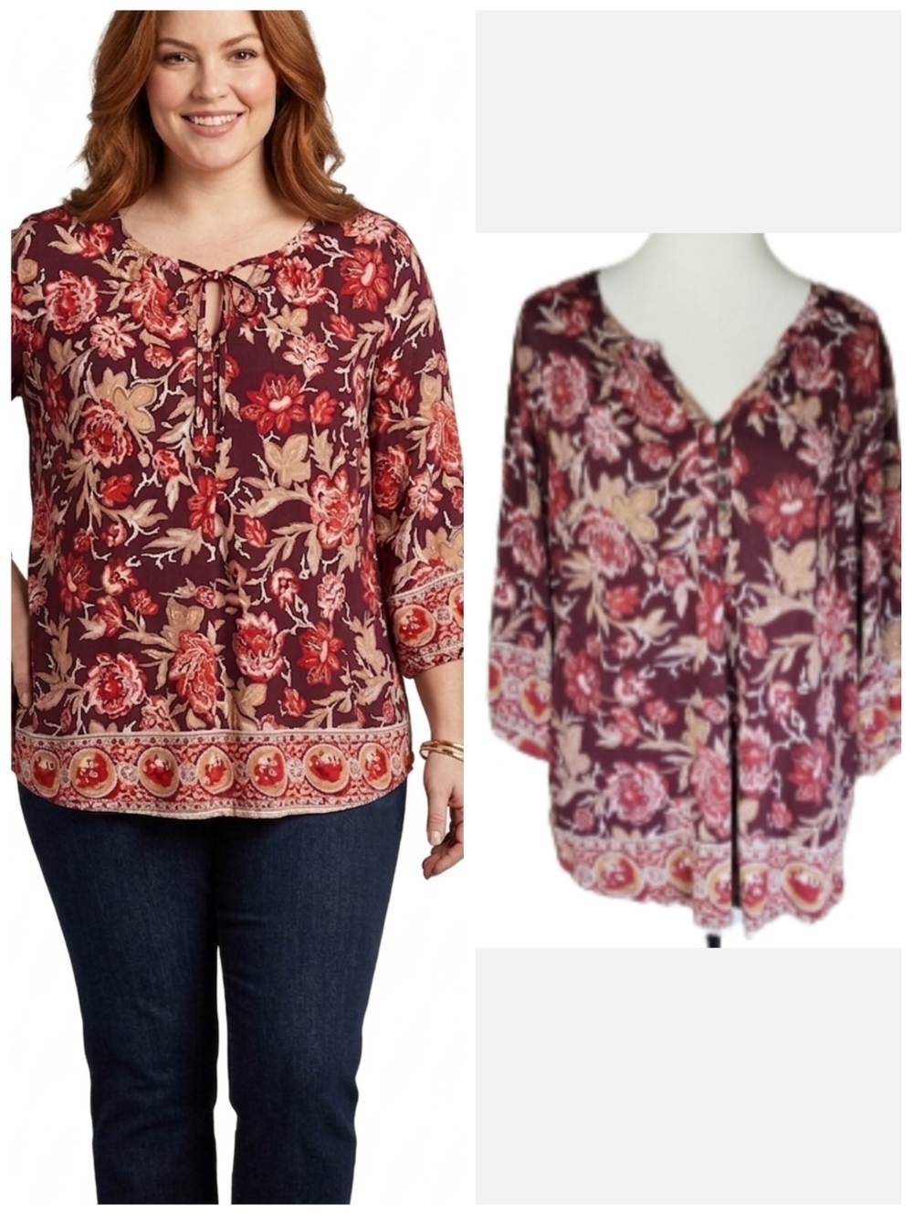 Lucky Brand boho burgundy peasant blouse Women's plus size 1X